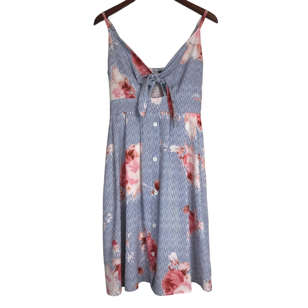 FANCYINN Floral Midi Dress Blue Pink Cutout Tie Front Smocked Back Size L